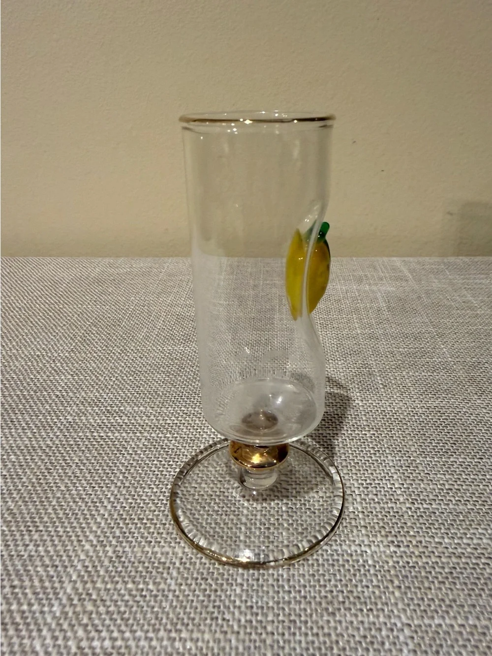 Vintage Art Glass Footed Cordial Glass Lemon Motif Gold Trim 4.5